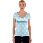 Polka Dots - White on Light Blue Women s V-Neck Cap Sleeve Top