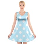 Polka Dots - White on Light Blue V-Neck Sleeveless Dress