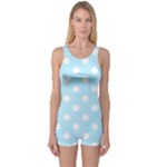Polka Dots - White on Light Blue One Piece Boyleg Swimsuit