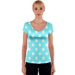 Polka Dots - White on Electric Blue Women s V-Neck Cap Sleeve Top