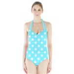 Polka Dots - White on Electric Blue Women s Halter One Piece Swimsuit