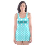 Polka Dots - White on Electric Blue Skater Dress Swimsuit