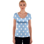 Polka Dots - White on Baby Blue Women s V-Neck Cap Sleeve Top