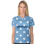 Polka Dots - White on Iceberg Blue Women s V-Neck Sport Mesh Tee