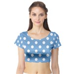 Polka Dots - White on Iceberg Blue Short Sleeve Crop Top (Tight Fit)