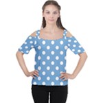 Polka Dots - White on Iceberg Blue Women s Cutout Shoulder Tee