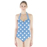 Polka Dots - White on Iceberg Blue Women s Halter One Piece Swimsuit