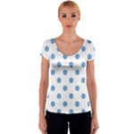 Polka Dots - Iceberg Blue on White Women s V-Neck Cap Sleeve Top