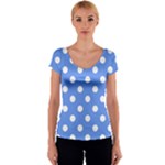 Polka Dots - White on Cornflower Blue Women s V-Neck Cap Sleeve Top