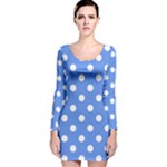 Polka Dots - White on Cornflower Blue Long Sleeve Velvet Bodycon Dress