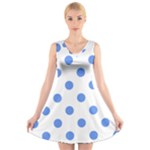 Polka Dots - Cornflower Blue on White V-Neck Sleeveless Dress