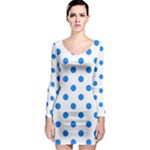 Polka Dots - Dodger Blue on White Long Sleeve Bodycon Dress