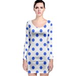 Polka Dots - Royal Blue on White Long Sleeve Bodycon Dress