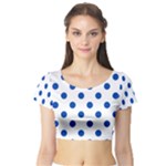 Polka Dots - Cobalt Blue on White Short Sleeve Crop Top (Tight Fit)