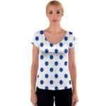 Polka Dots - Cobalt Blue on White Women s V-Neck Cap Sleeve Top