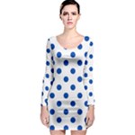 Polka Dots - Cobalt Blue on White Long Sleeve Bodycon Dress