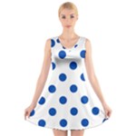 Polka Dots - Cobalt Blue on White V-Neck Sleeveless Dress