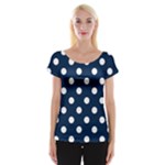 Polka Dots - White on Oxford Blue Women s Cap Sleeve Top