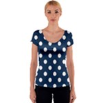 Polka Dots - White on Oxford Blue Women s V-Neck Cap Sleeve Top