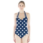 Polka Dots - White on Oxford Blue Women s Halter One Piece Swimsuit