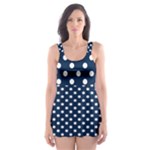Polka Dots - White on Oxford Blue Skater Dress Swimsuit