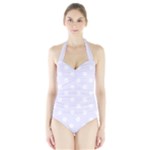 Polka Dots - White on Pastel Violet Women s Halter One Piece Swimsuit