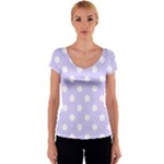 Polka Dots - White on Pale Lavender Violet Women s V-Neck Cap Sleeve Top