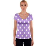 Polka Dots - White on Bright Lavender Violet Women s V-Neck Cap Sleeve Top