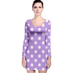 Polka Dots - White on Bright Lavender Violet Long Sleeve Velvet Bodycon Dress