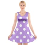 Polka Dots - White on Bright Lavender Violet V-Neck Sleeveless Dress