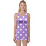 Polka Dots - White on Bright Lavender Violet One Piece Boyleg Swimsuit