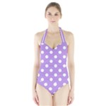 Polka Dots - White on Bright Lavender Violet Women s Halter One Piece Swimsuit