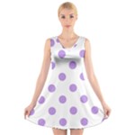Polka Dots - Bright Lavender Violet on White V-Neck Sleeveless Dress