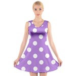 Polka Dots - White on Lavender Violet V-Neck Sleeveless Dress