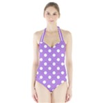 Polka Dots - White on Lavender Violet Women s Halter One Piece Swimsuit