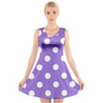 Polka Dots - White on Dark Pastel Purple V-Neck Sleeveless Dress