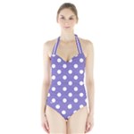 Polka Dots - White on Ube Violet Women s Halter One Piece Swimsuit
