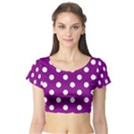 Polka Dots - White on Purple Violet Short Sleeve Crop Top (Tight Fit)