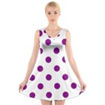 Polka Dots - Purple Violet on White V-Neck Sleeveless Dress