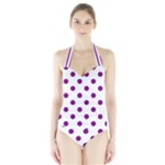 Polka Dots - Purple Violet on White Women s Halter One Piece Swimsuit