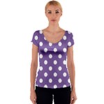 Polka Dots - White on Dark Lavender Violet Women s V-Neck Cap Sleeve Top