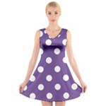 Polka Dots - White on Dark Lavender Violet V-Neck Sleeveless Dress