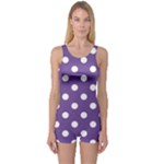Polka Dots - White on Dark Lavender Violet One Piece Boyleg Swimsuit