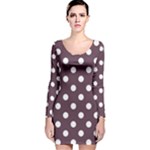 Polka Dots - White on Eggplant Violet Long Sleeve Velvet Bodycon Dress