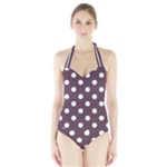 Polka Dots - White on Eggplant Violet Women s Halter One Piece Swimsuit