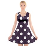 Polka Dots - White on Dark Purple V-Neck Sleeveless Dress
