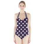 Polka Dots - White on Dark Purple Women s Halter One Piece Swimsuit