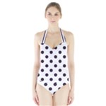 Polka Dots - Dark Purple on White Women s Halter One Piece Swimsuit