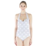 Polka Dots - White on Pale Gray Women s Halter One Piece Swimsuit