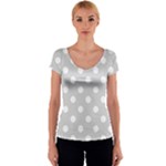 Polka Dots - White on Light Gray Women s V-Neck Cap Sleeve Top